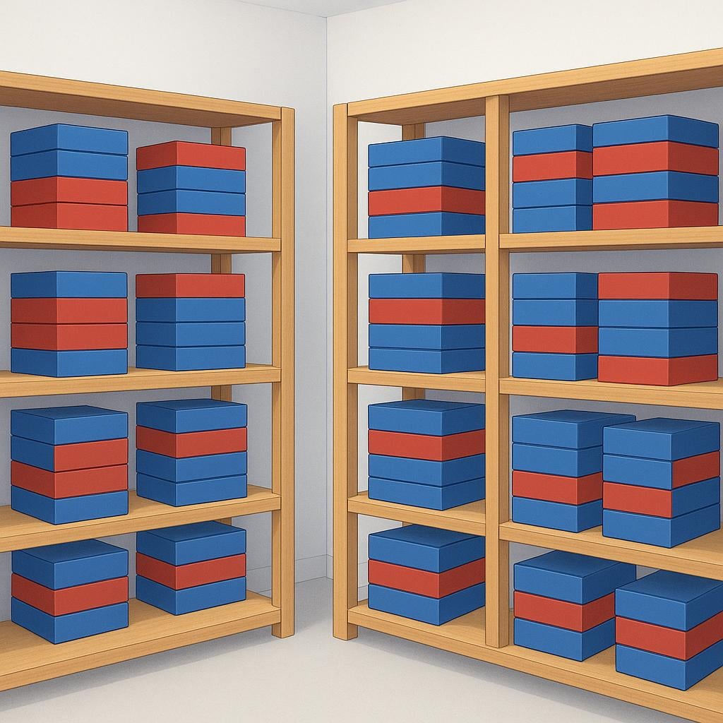Several neat stacks of identical, colorful red and blue toy boxes perfectly organized on simple wooden shelving in a clean storeroom, representing inventory.