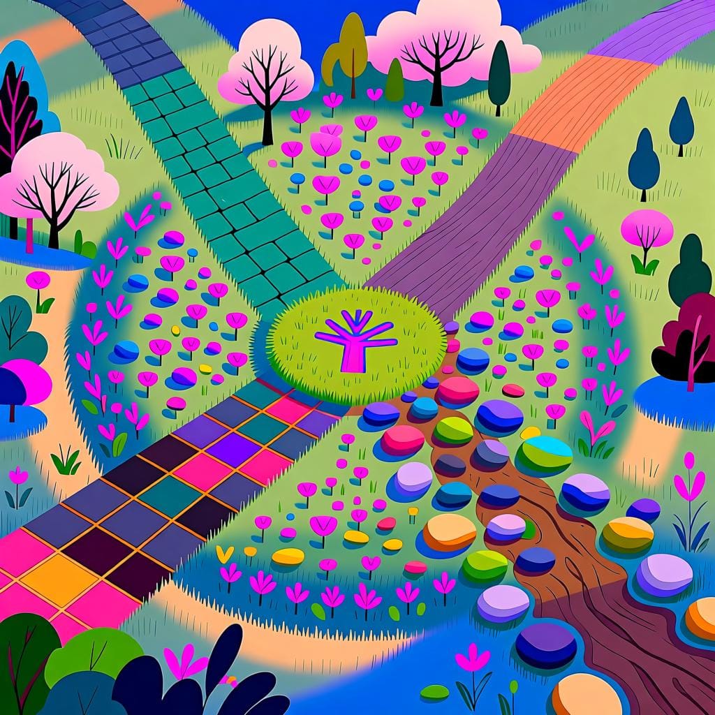 Three distinct, winding paths leading away from a central starting point, illustrating different methods.