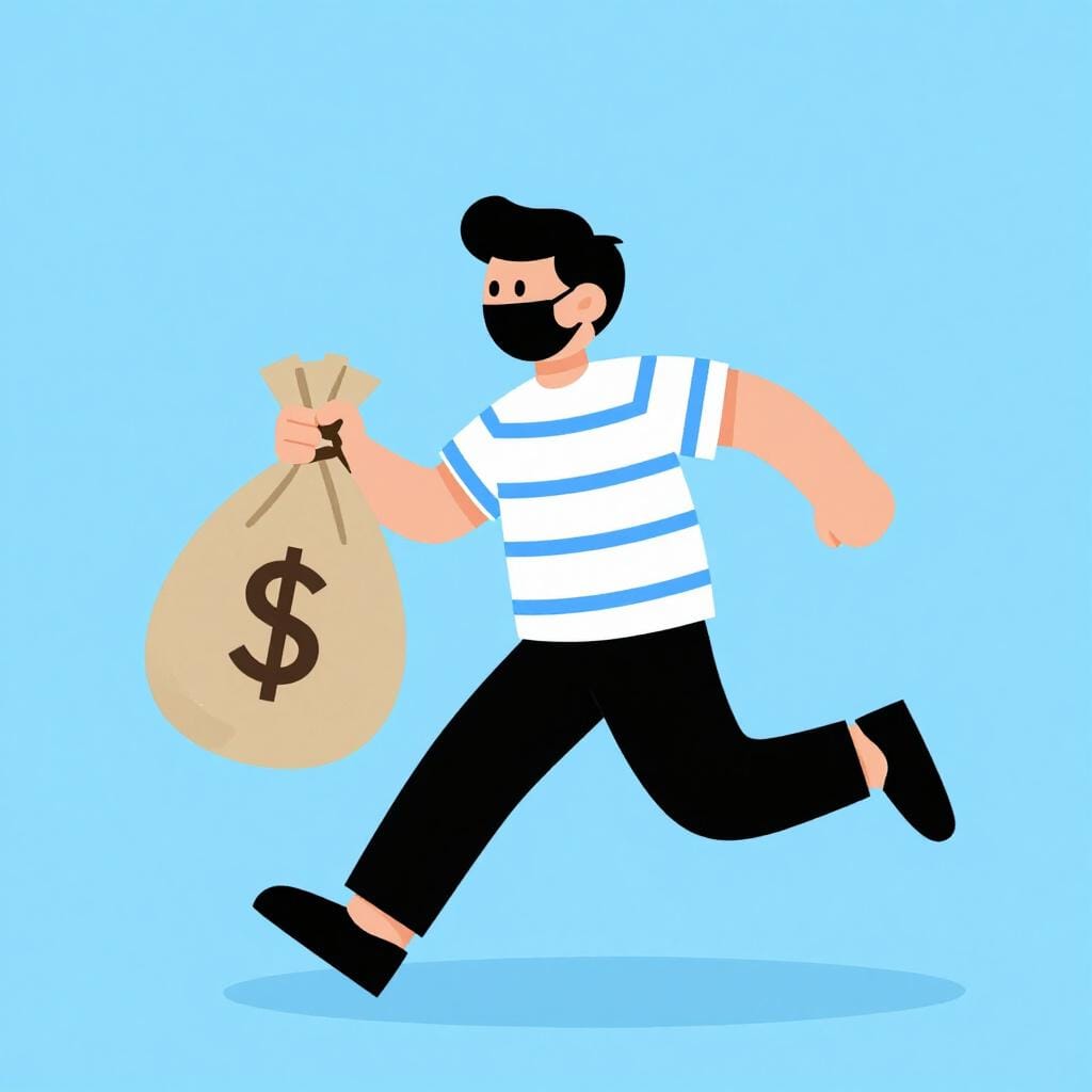 A masked figure running away with a bag of money marked with a currency symbol.