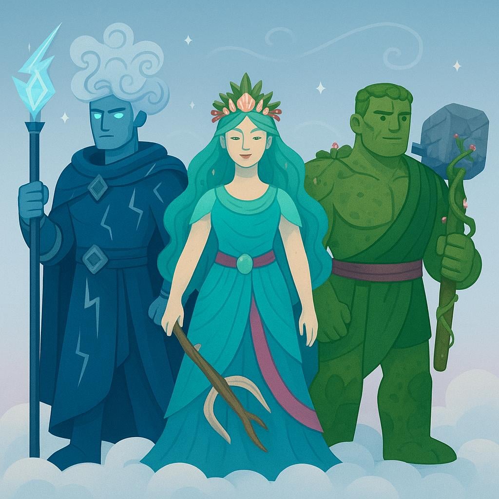Three powerful, distinct mythical figures standing together on a cloud, representing multiple gods.