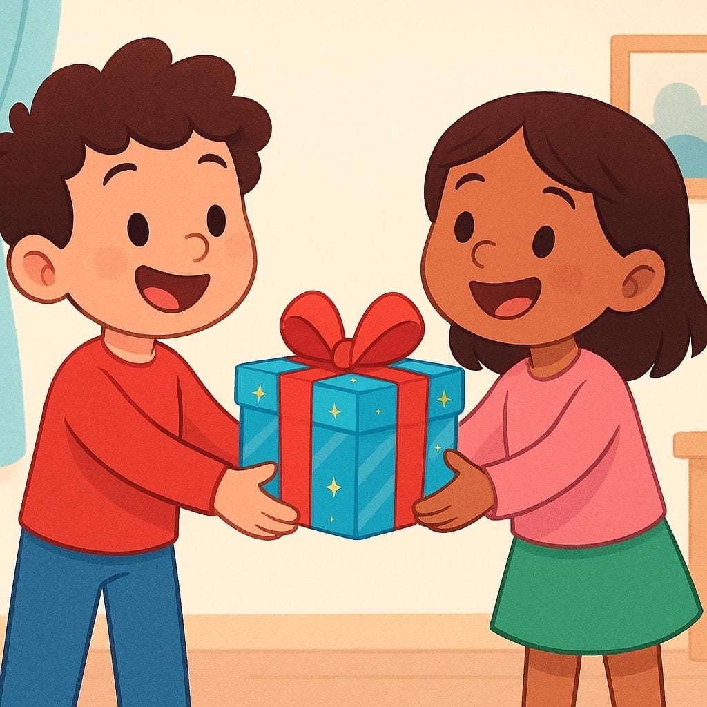 A happy cartoon character handing a brightly wrapped present to another smiling cartoon character, symbolizing fulfilling a promise.