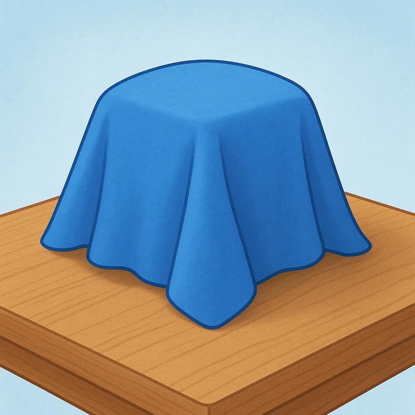 A square blue cloth draped completely over a small, round yellow ball on a wooden table.
