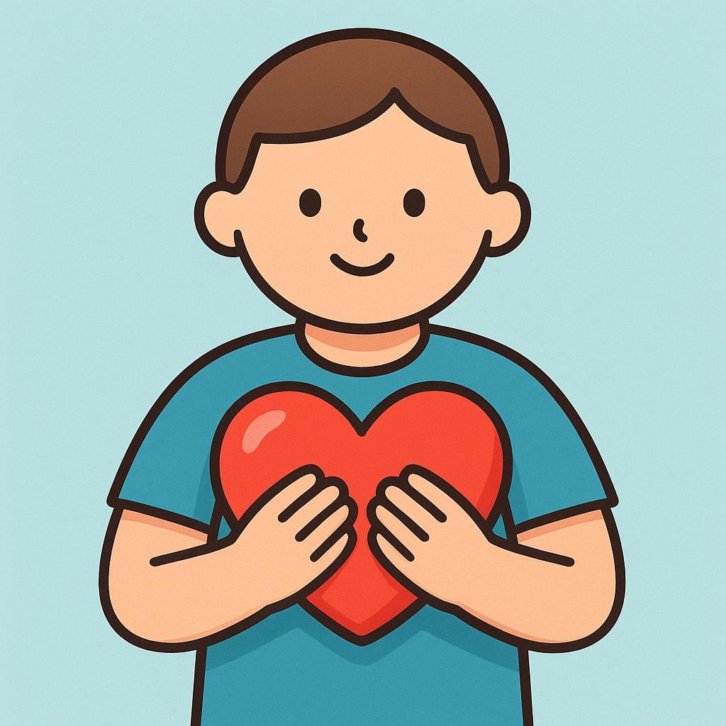 A simple, stylized figure standing with both hands pressed over a large, bright red heart placed on their chest, showing sincerity and heartfelt emotion.