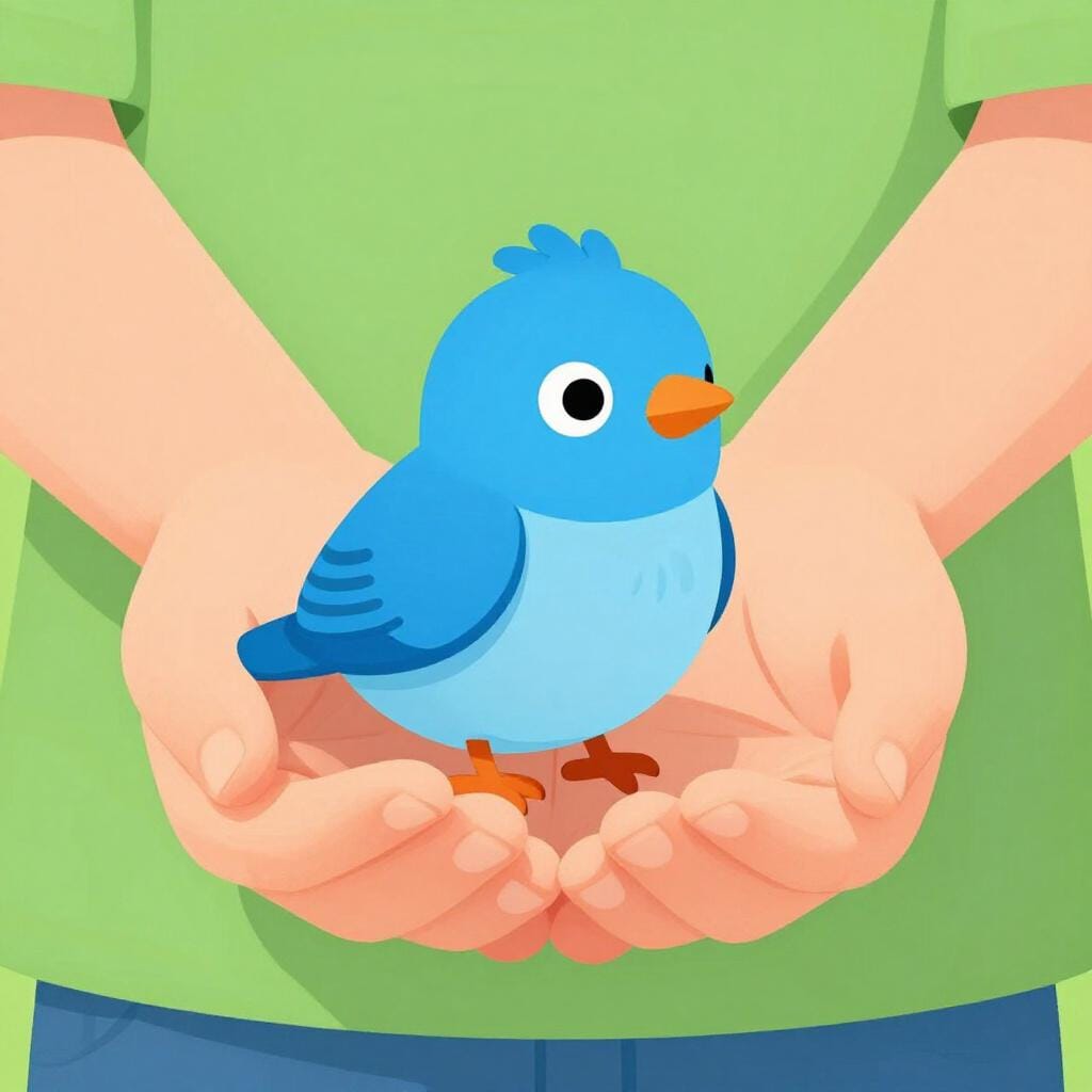 Les mains d'un enfant tenant fermement un petit oiseau coloré.