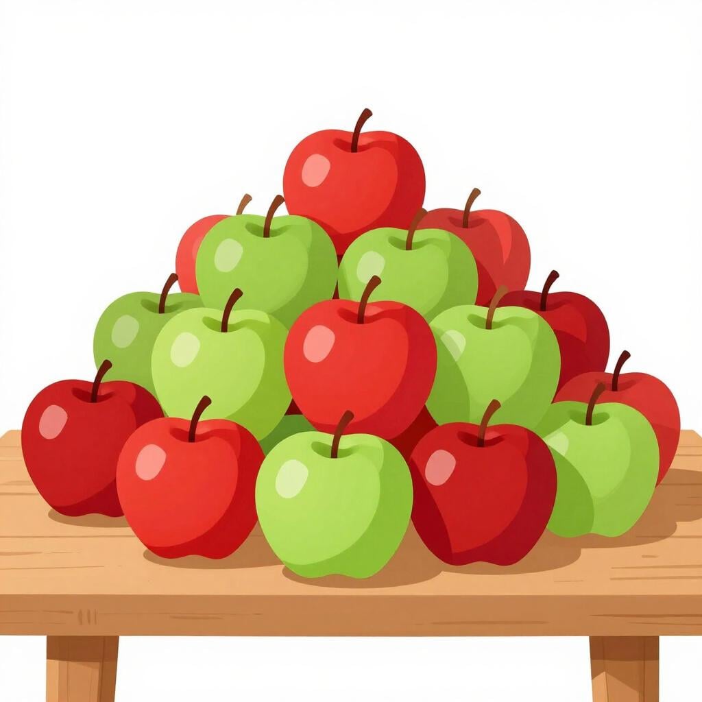 A large pile of colorful apples on a wooden table.