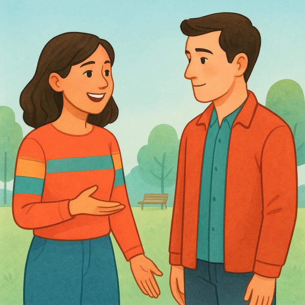 A young woman with an open hand gesture, clearly speaking or responding to a man standing opposite her who is listening intently.