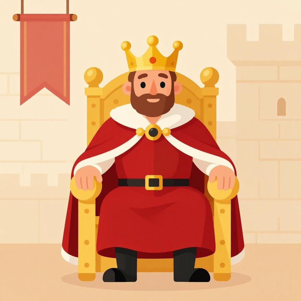 A king wearing a golden crown and red robes sitting on a large throne in a royal hall.