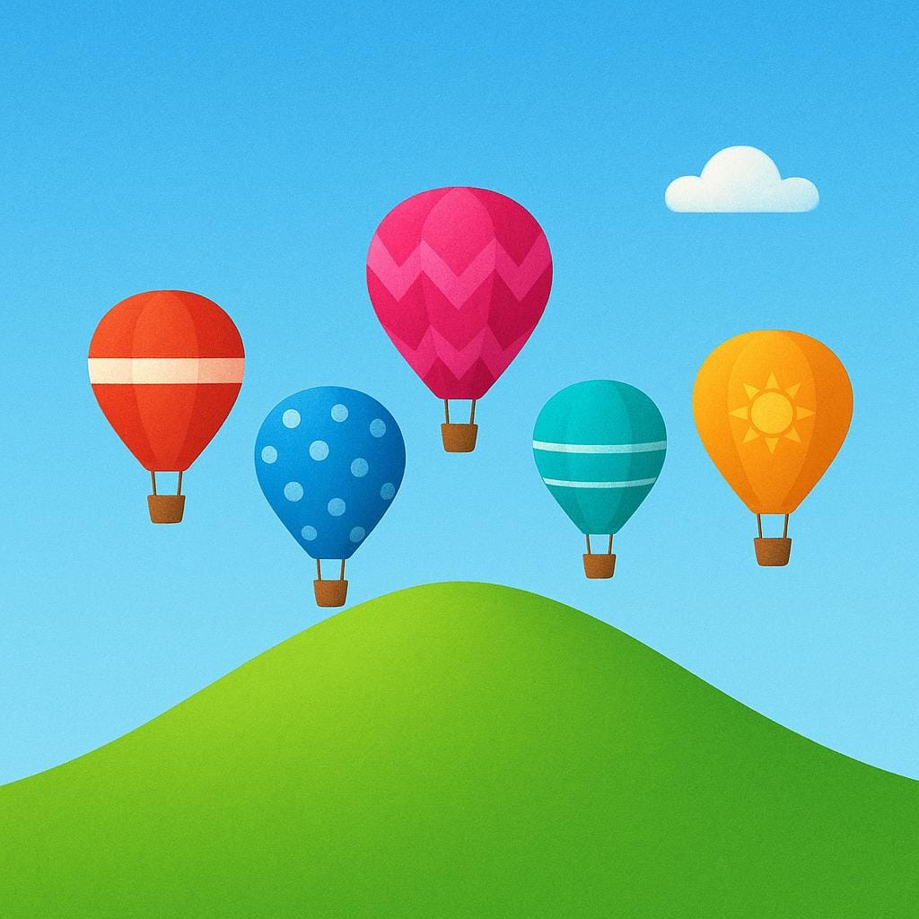 Una semplice collina verde brillante sotto un cielo azzurro. Cinque mongolfiere distinte e dai colori vivaci stanno appena iniziando a salire dietro la cima della collina, a rappresentare l'esistenza futura.