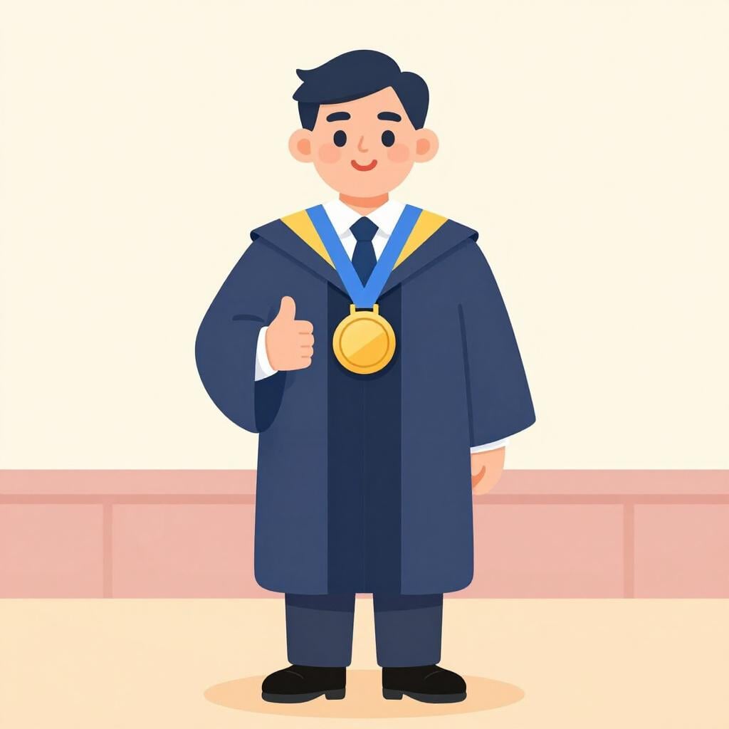 A person in a professional gown receiving a gold medal in front of a simple podium.