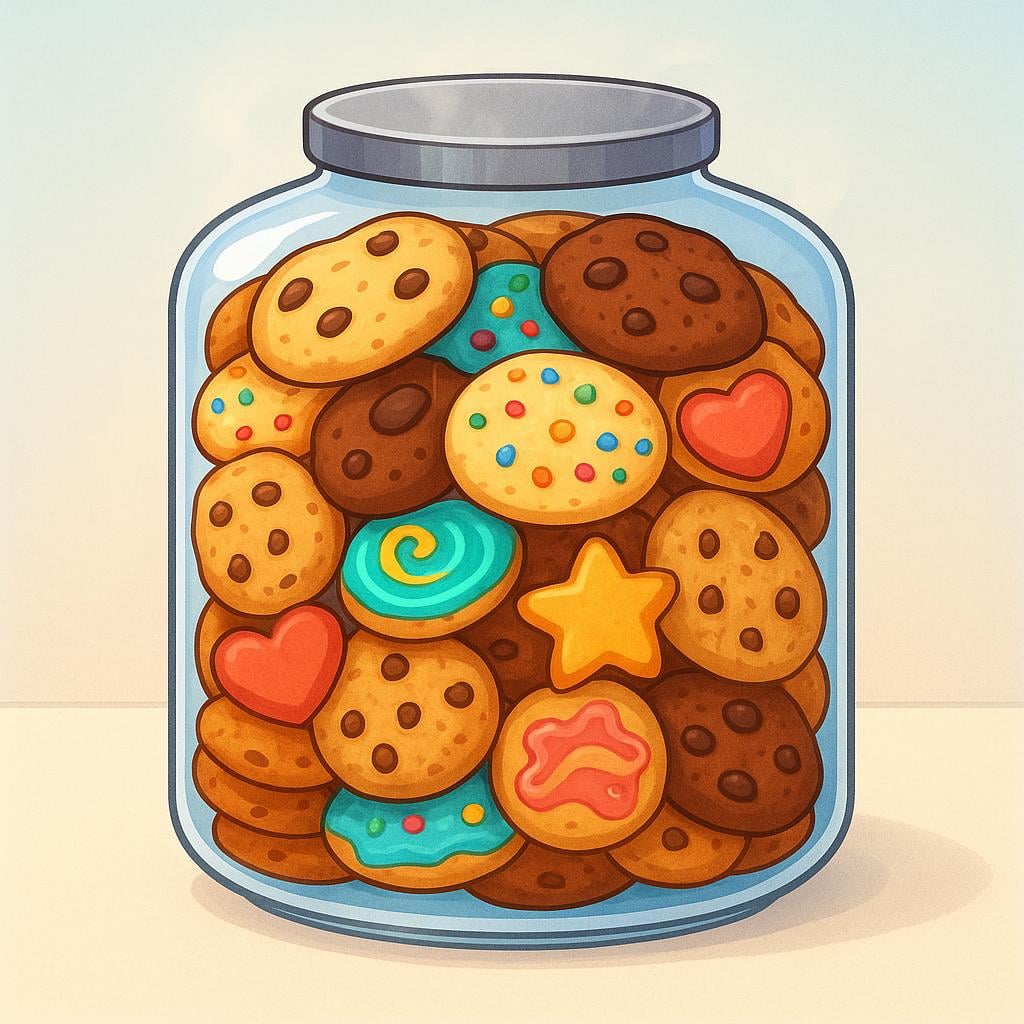 A transparent cookie jar is completely full, stacked high with colorful cookies up to the lid.