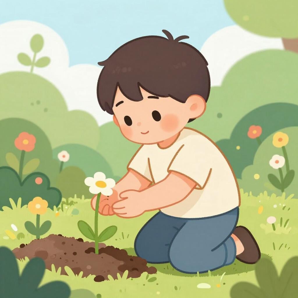 A small child carefully holding a wilting flower with great concern and care.