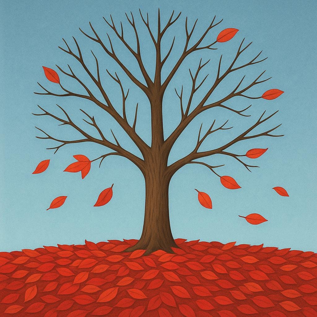 Une illustration de livre d'histoires de haute qualité représentant un arbre à feuilles caduques stylisé, presque nu. Le sol est entièrement recouvert d'un tapis dense de feuilles rouges, oranges et brunes tombées, symbolisant le mois de la fin de l'automne.