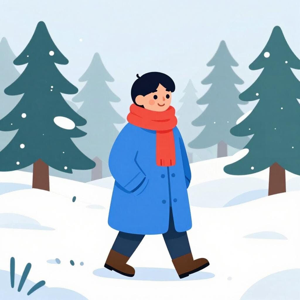 Eine Person, die einen warmen Mantel und Schal trägt und glücklich durch eine verschneite Landschaft geht.