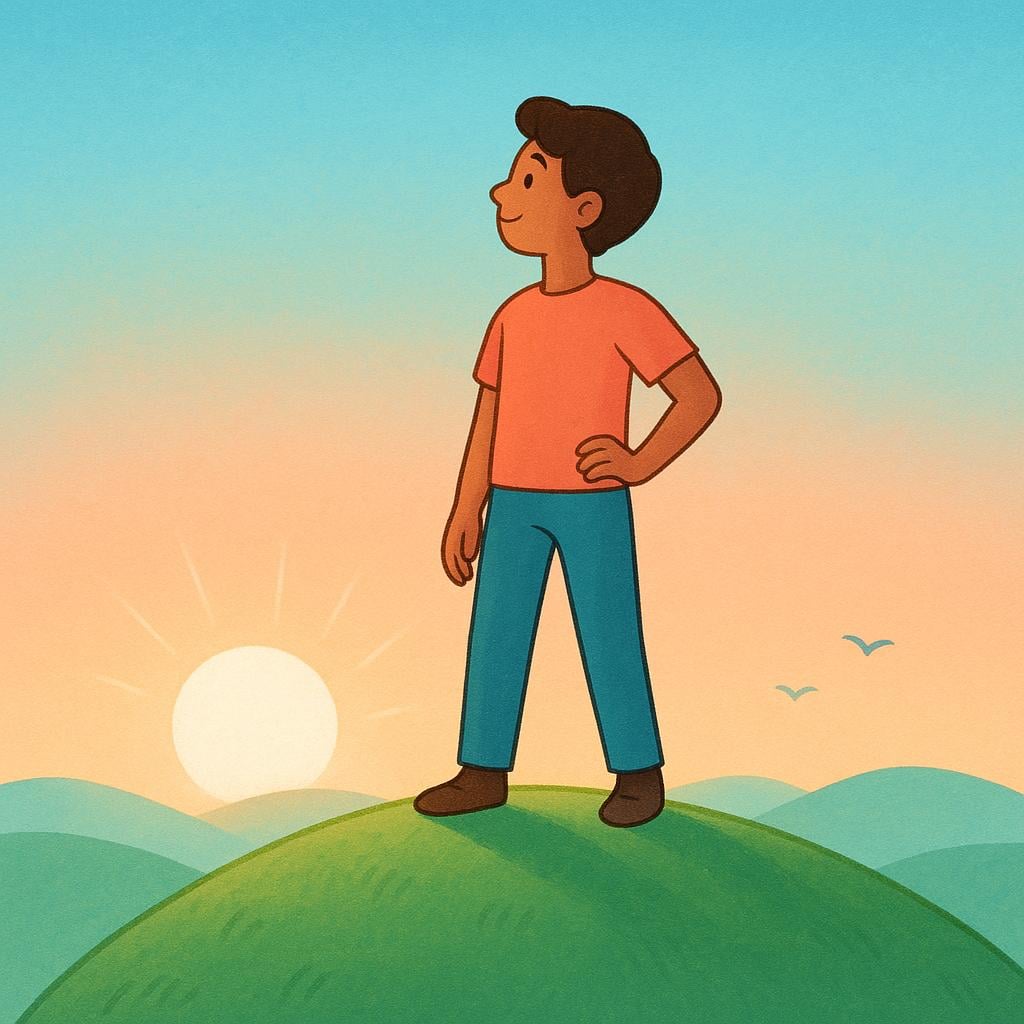 A storybook illustration of a young person standing confidently on the peak of a grassy hill, gazing at a clear, bright sunrise on the horizon, representing certainty about the future.