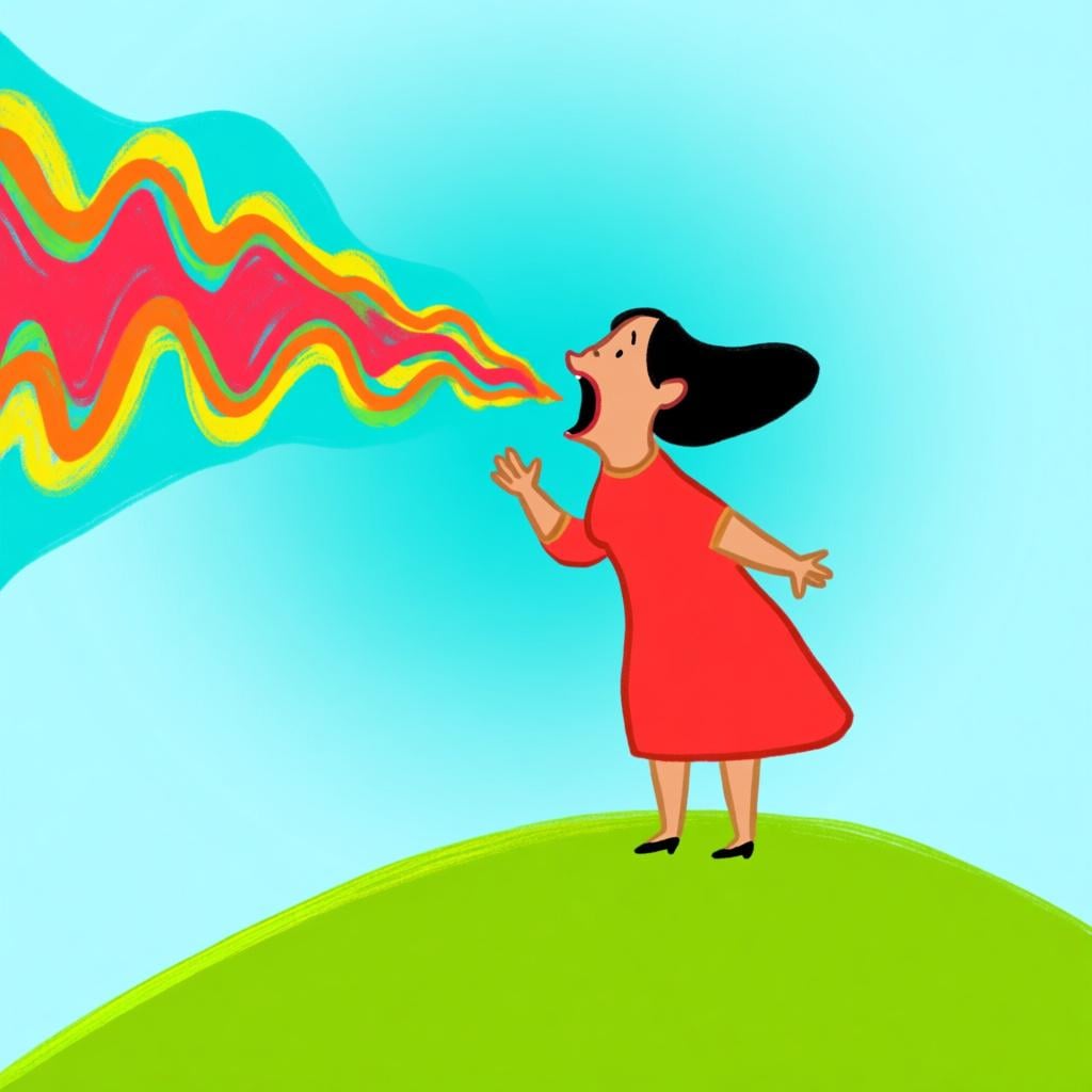 A friendly woman is standing and actively talking, with colorful, abstract sound waves radiating outwards from her mouth to clearly illustrate the action of speaking.