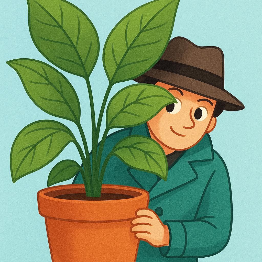 Uma pessoa vestida como um agente secreto, usando um sobretudo e um chapéu fedora, escondendo-se atrás de um grande vaso de plantas enquanto espreita para observar algo secretamente.