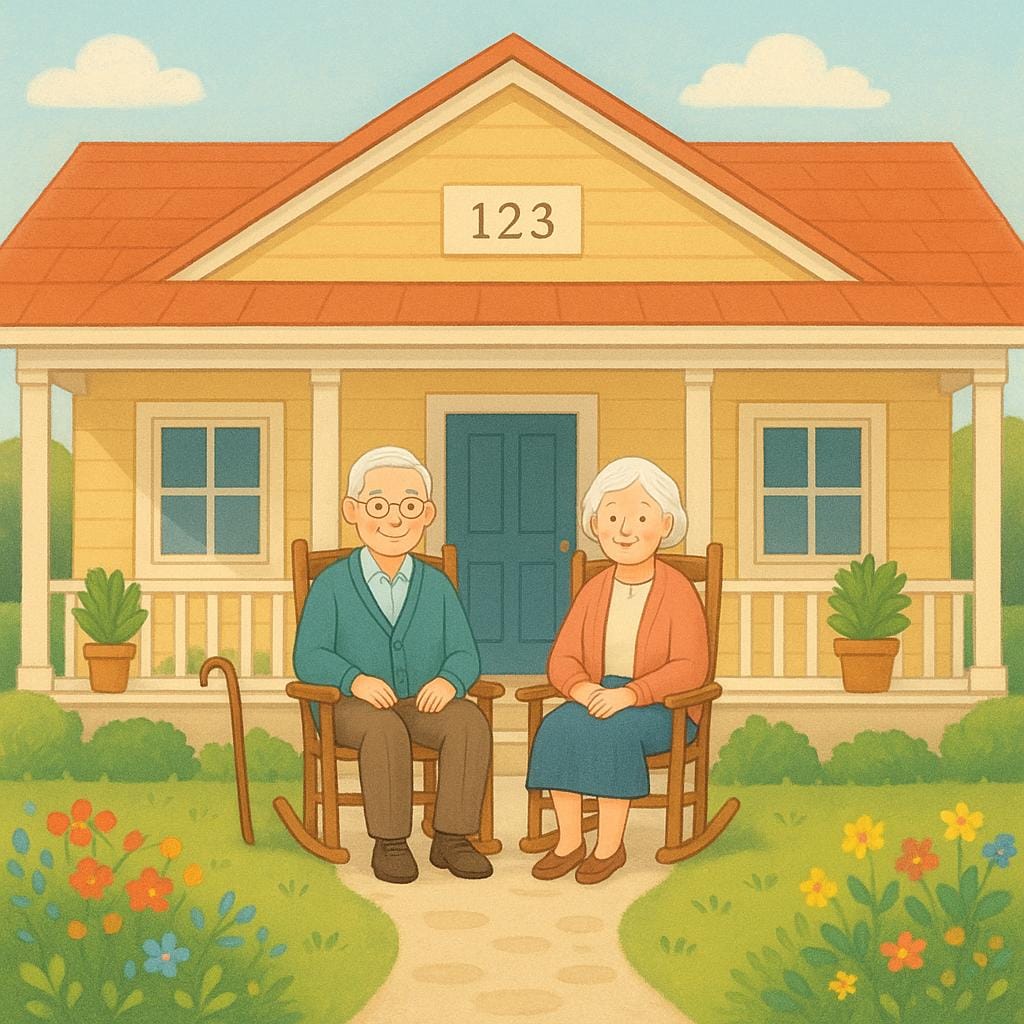 A sunny picture of several happy elderly people sitting on a covered patio or porch of a large, friendly-looking facility, enjoying the afternoon.