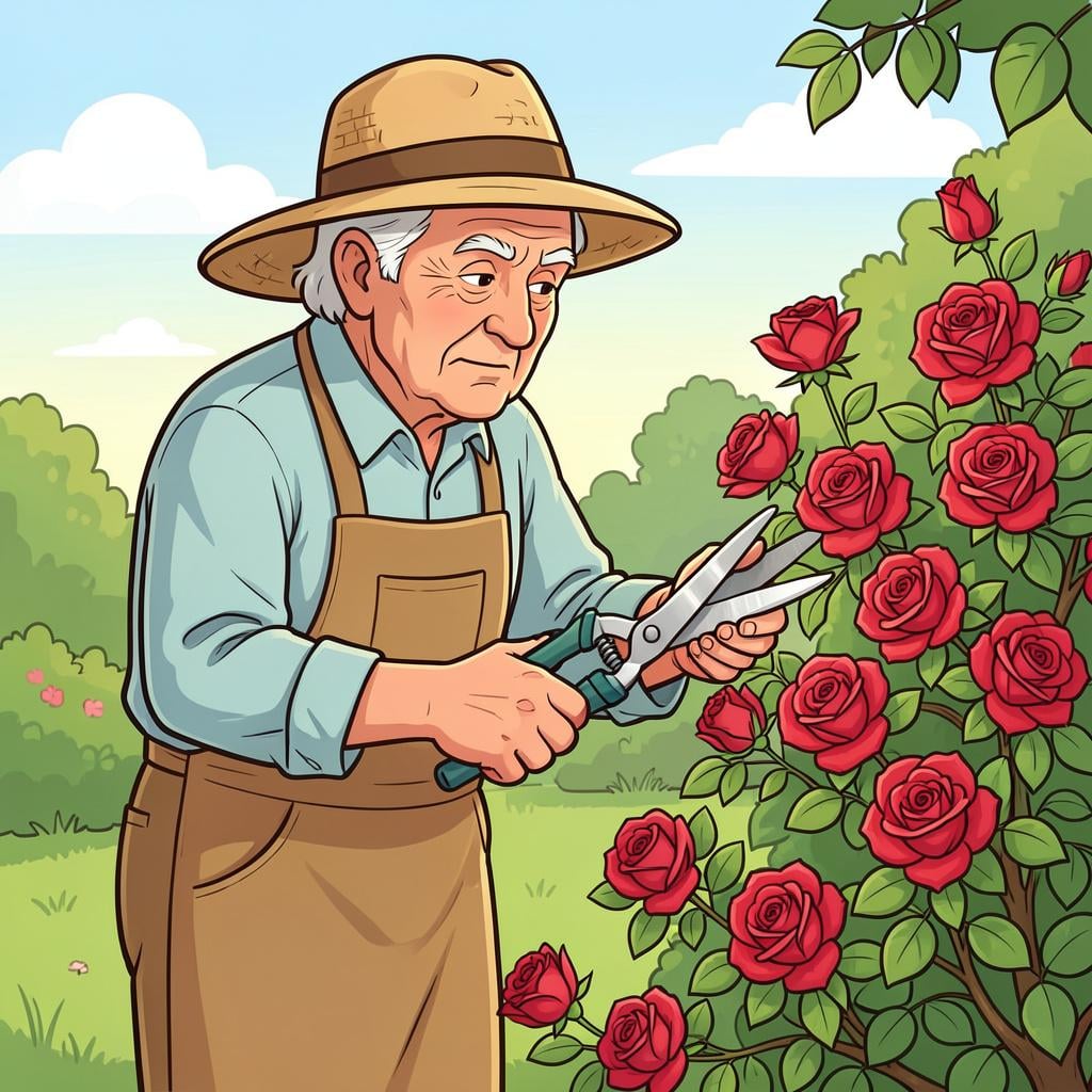 An elderly gardener with weathered hands skillfully pruning a blooming rose bush with precise tools.