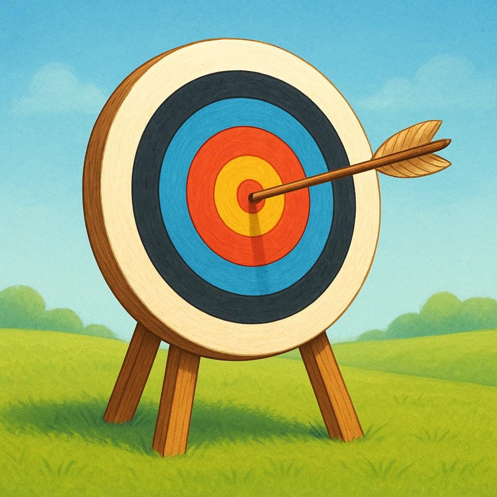 A wooden archery target with red and white rings, perfectly struck in the center bullseye by an arrow.
