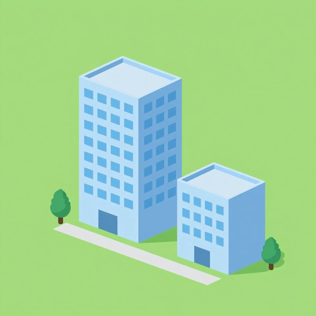 Um edifício grande com um edifício menor e idêntico ao lado, ligado por um caminho simples.