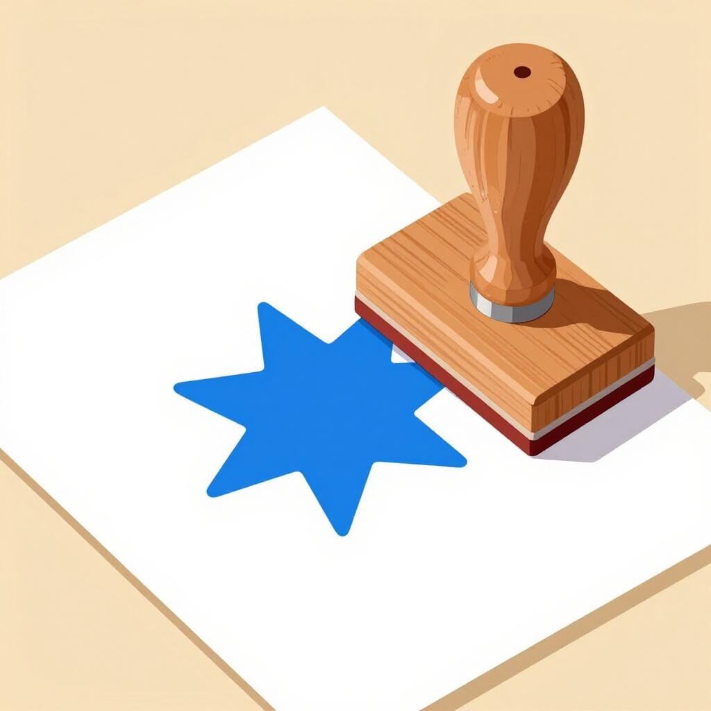 Una mano che preme un timbro di legno su un foglio di carta per lasciare un segno.