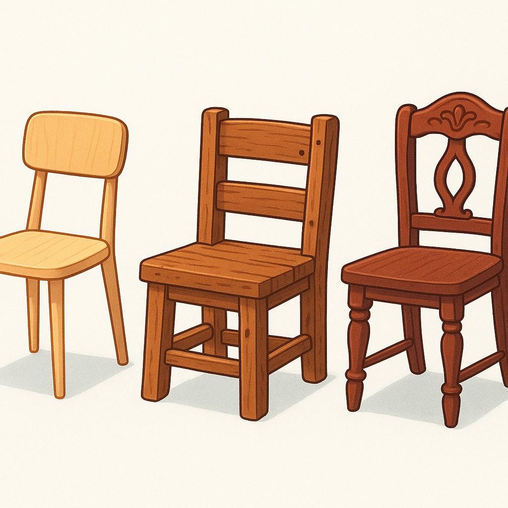 Three distinct wooden chairs lined up, each representing a different design type or version.