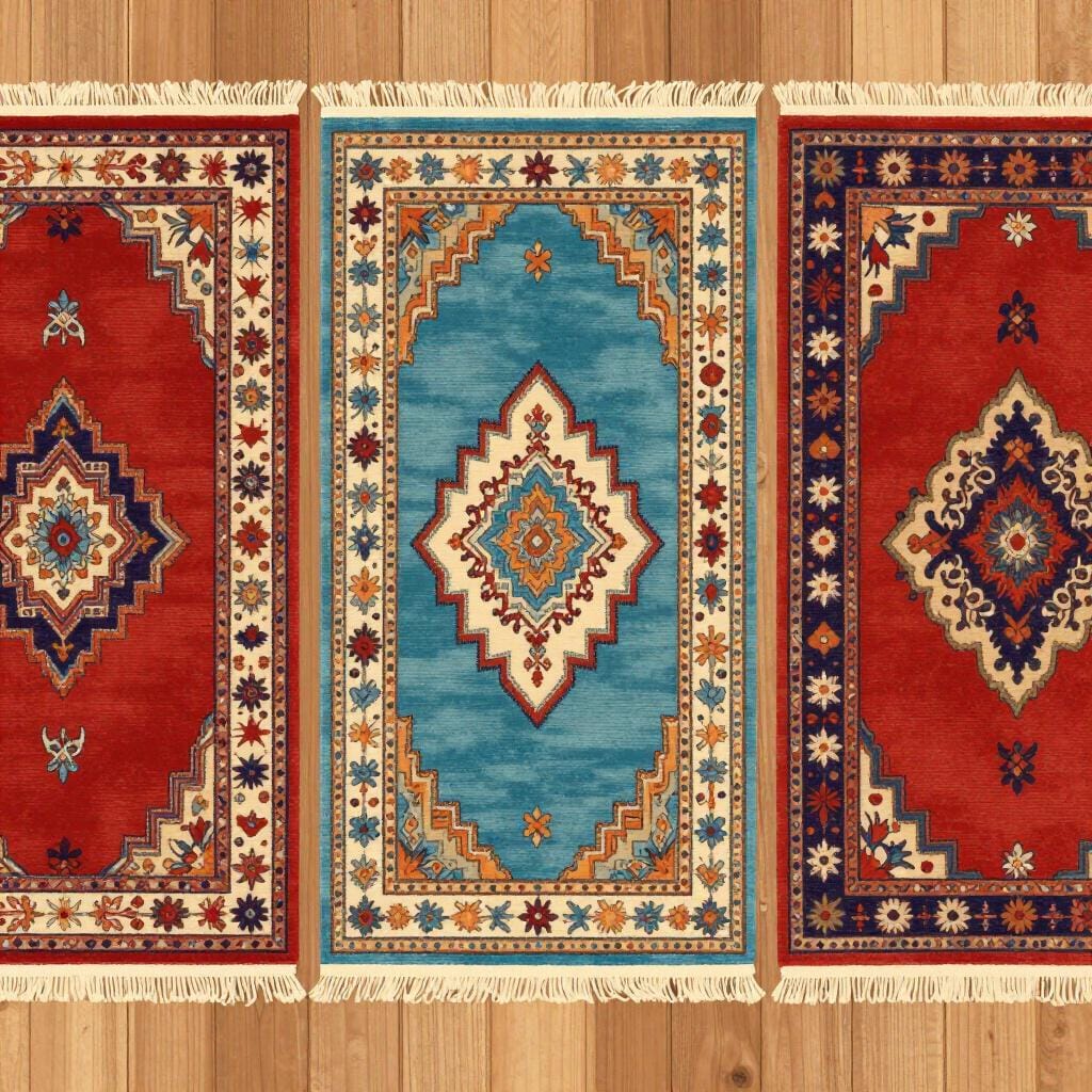 A row of several prayer rugs laid out on a clean floor.