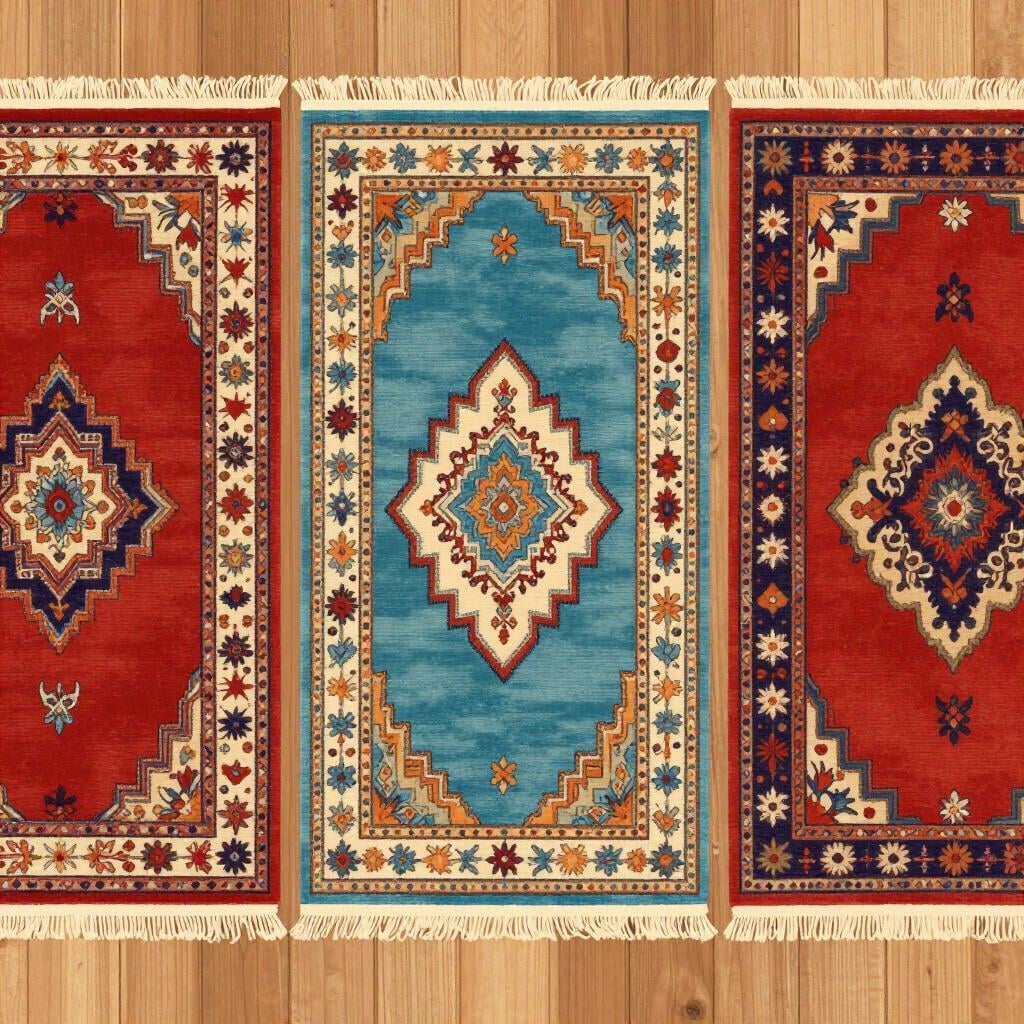 A row of several prayer rugs laid out on a clean floor.