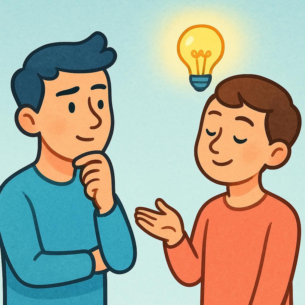 A stylized illustration depicting one person asking a question and the second person nodding in confirmation, indicating they understood the information.