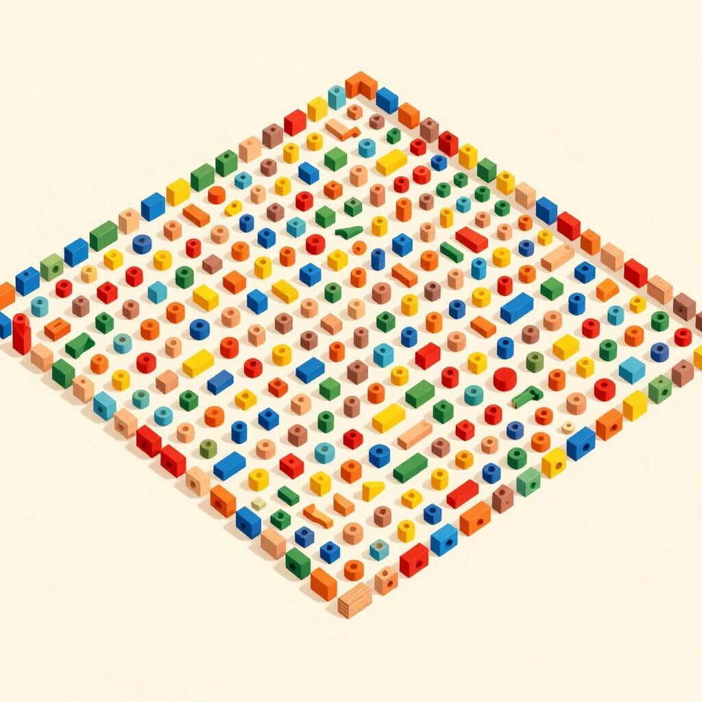 Une grille vaste et soigneusement organisée de petits blocs de bois colorés remplissant tout le cadre.