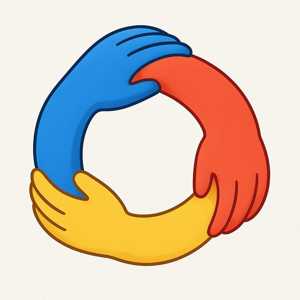 Three hands of different colors gently interlocking wrists to form a cohesive circle, symbolizing unity.