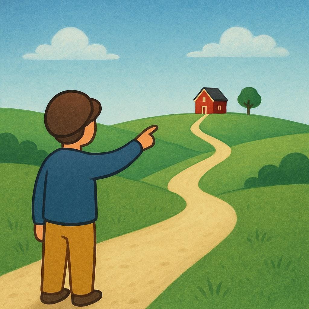 Une petite silhouette au premier plan pointant vers une maison rouge isolée et lointaine sur une colline verte, soulignant un emplacement éloigné.