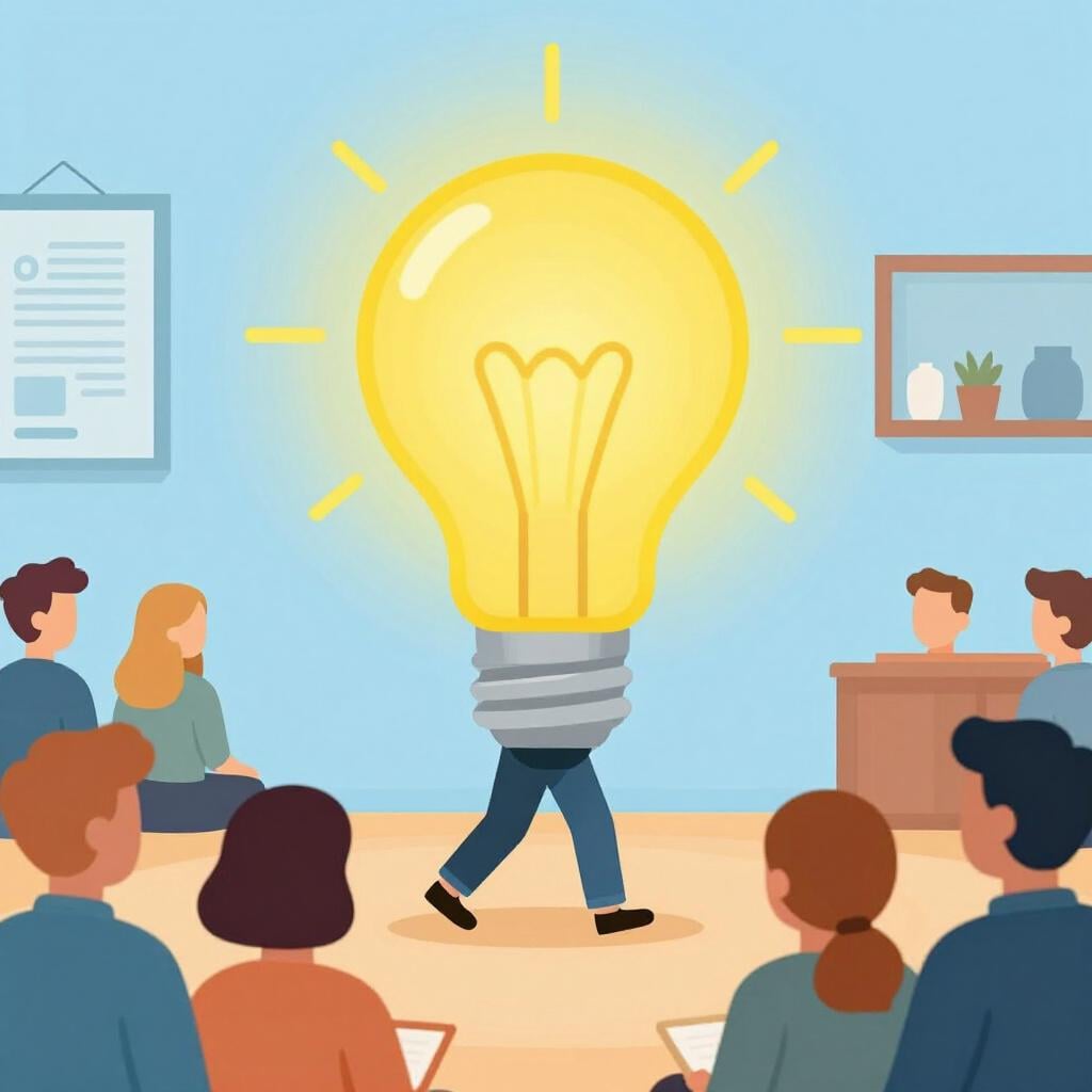 A person holding a large, glowing lightbulb and walking into a room full of people.