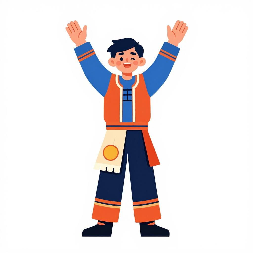 A person wearing traditional colorful clothing, smiling warmly while holding their national flower.