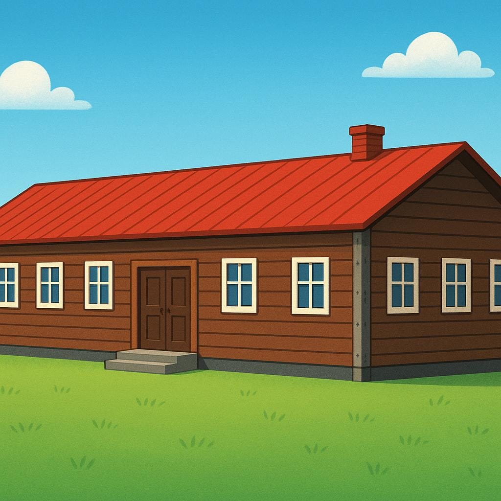 A simple illustration of a long, utilitarian military barracks building with a red roof, situated on a green lawn.