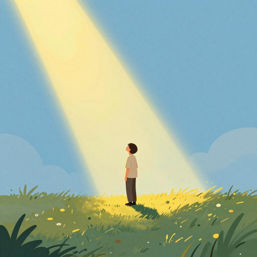 A person standing under a bright, warm golden light with their arms open, looking peaceful.