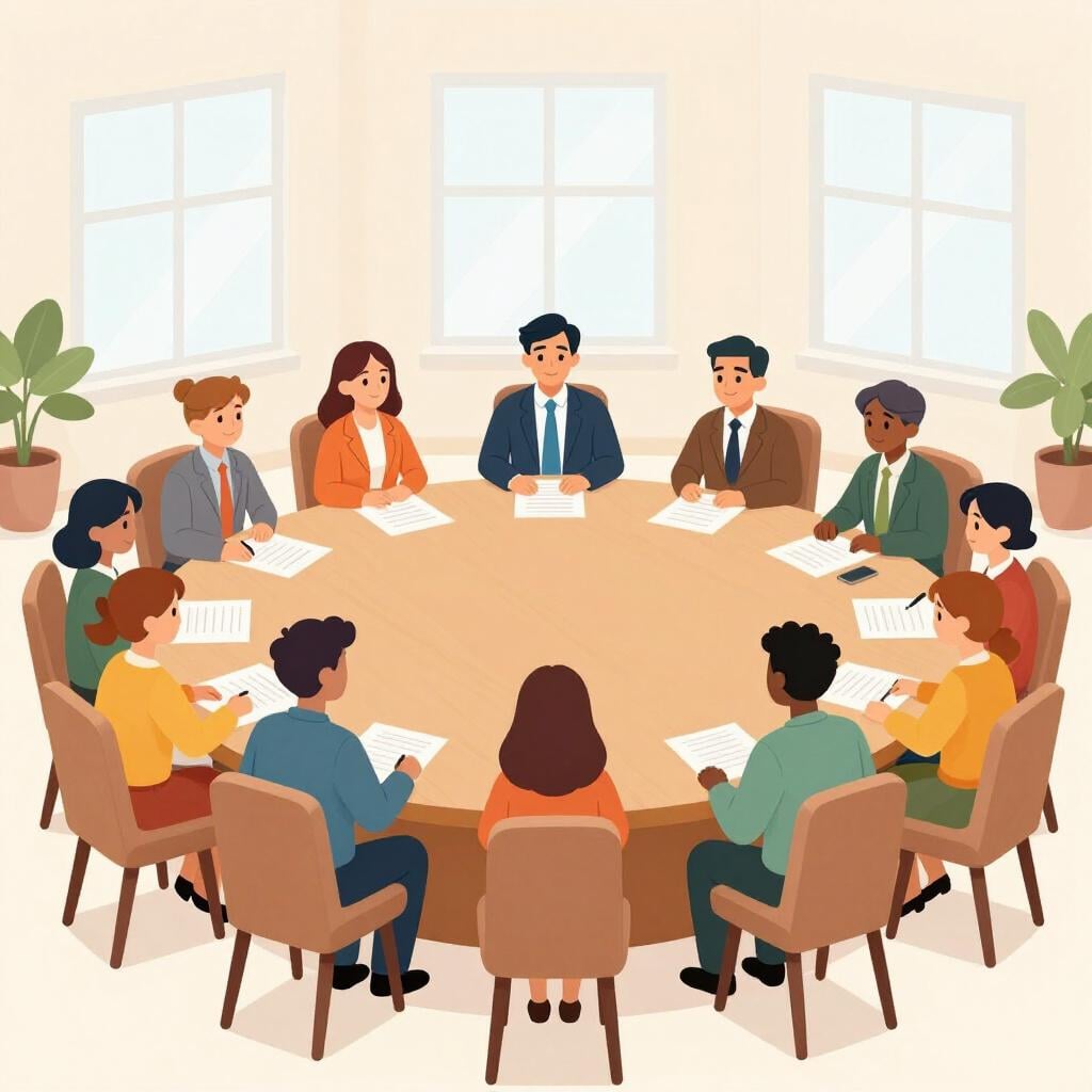 A group of people sitting around a large round table in a bright room, making decisions together.