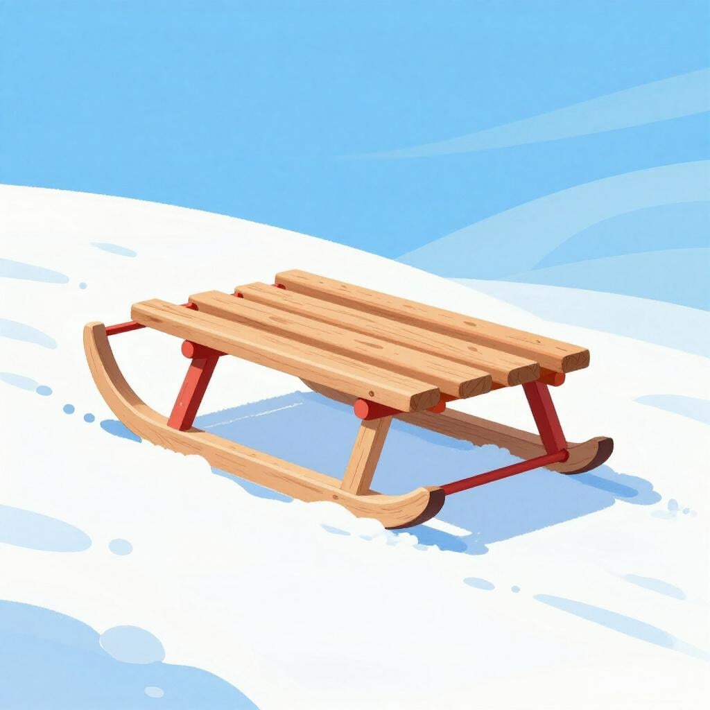 Un traîneau en bois classique avec des patins métalliques rouges, posé sur une légère pente de neige fraîche et blanche.