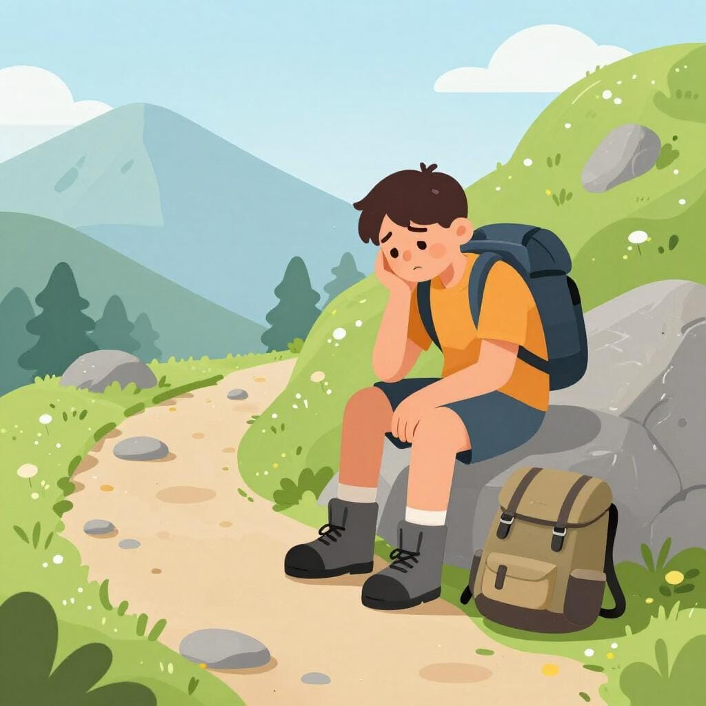 A hiker sitting on a rock looking discouraged with their head in their hands.