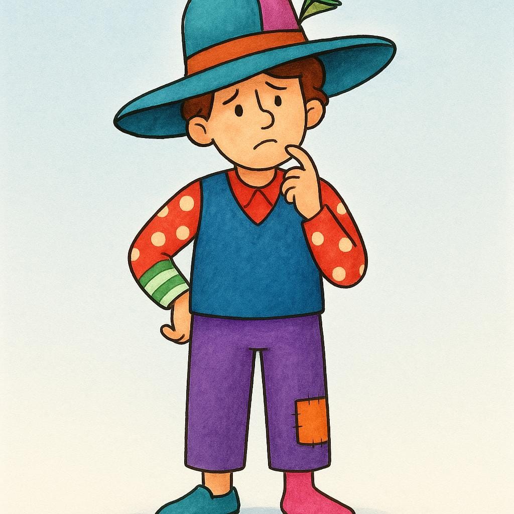 A person wearing a bright yellow shirt, red pants, and a large, oddly shaped green hat, conveying eccentricity.