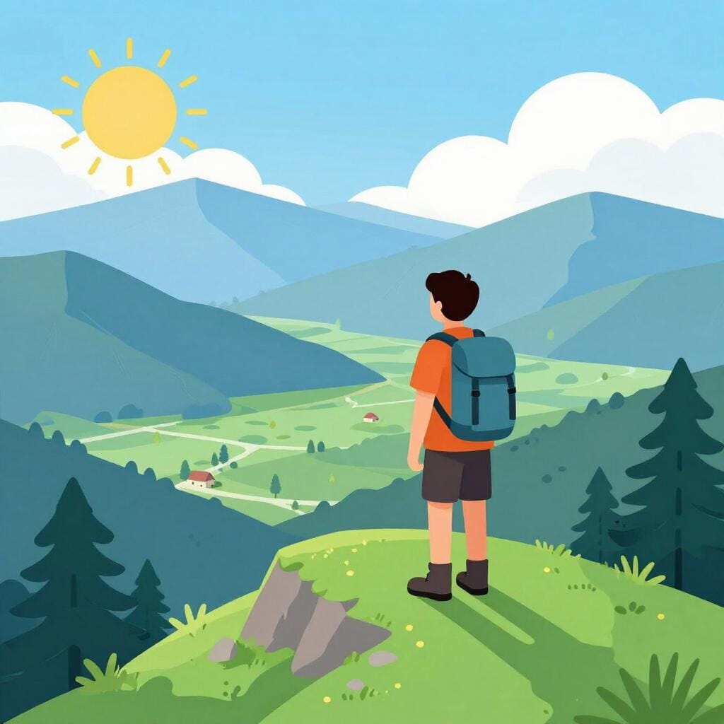 배낭을 메고 등산 스틱을 든 등산객이 산봉우리에 서서 광활한 계곡과 먼 산을 바라보고 있는 모습.