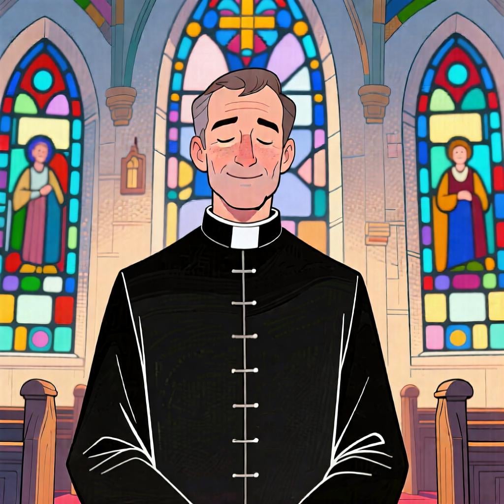 A drawing of a Catholic priest in his vestments, standing in a church.