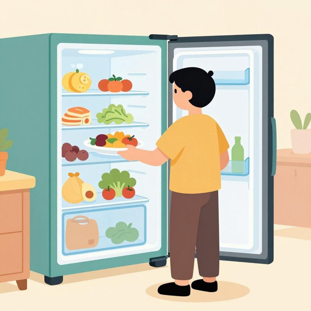 A hungry person looking into a wide open refrigerator filled with various foods at night.