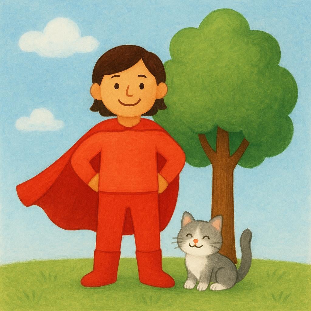 A strong, smiling person wearing a simple red cape and boots stands next to a tall tree, having just rescued a small kitten sitting happily on the ground.