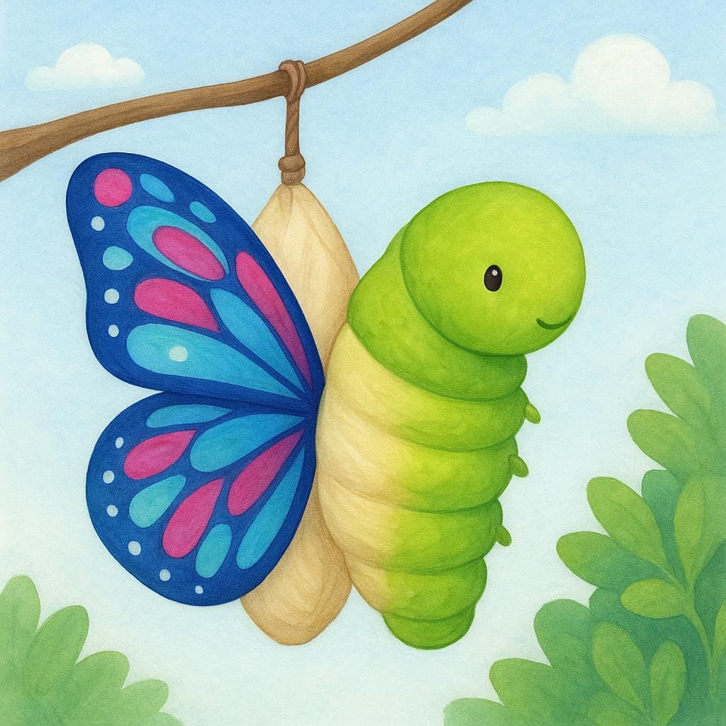 A large green caterpillar is shown half-transformed, emerging from a chrysalis with bright, fully formed butterfly wings visible on one side.