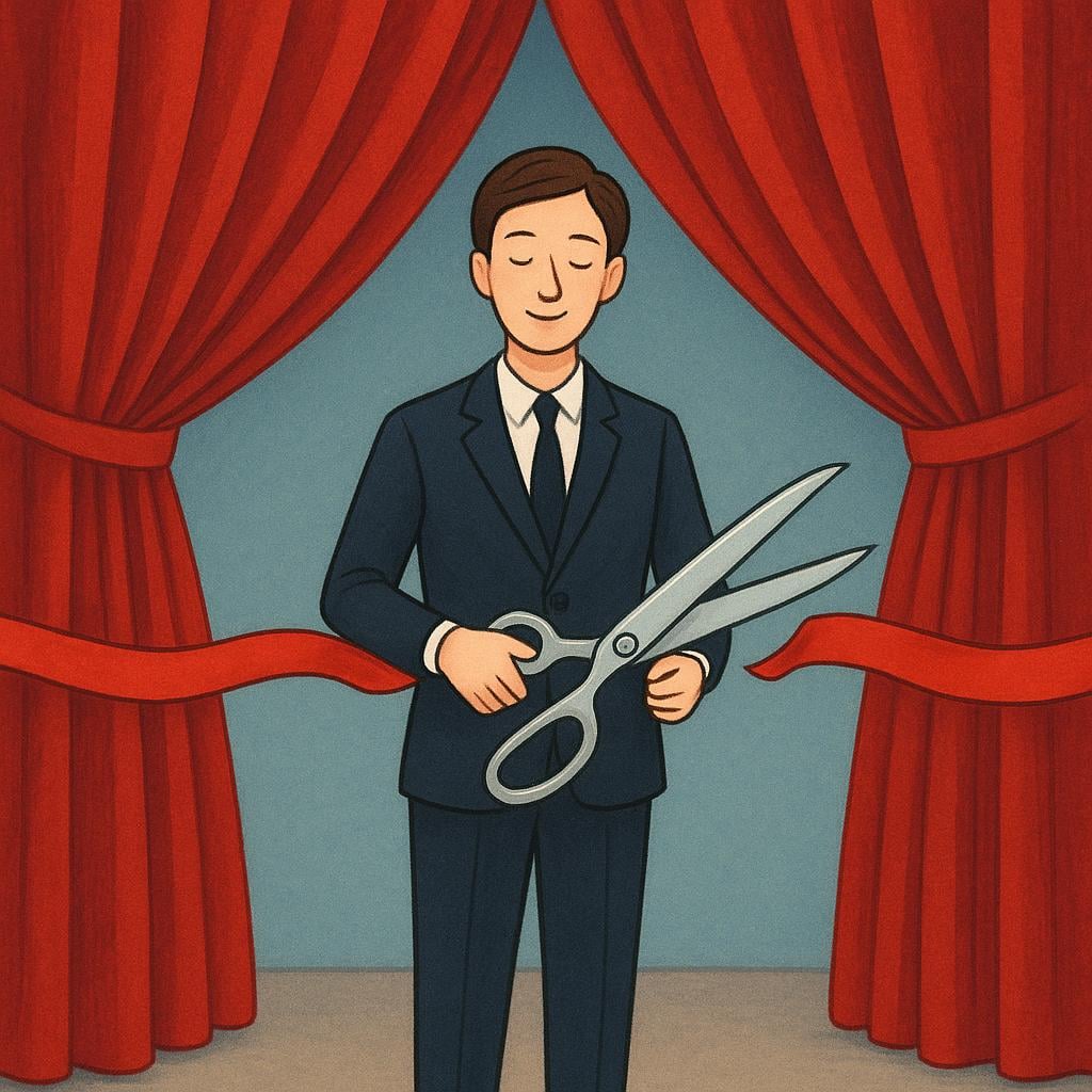 A person in a formal dark suit holds giant silver scissors, cutting a taut red ribbon stretched across a doorway, symbolizing a formal commencement.