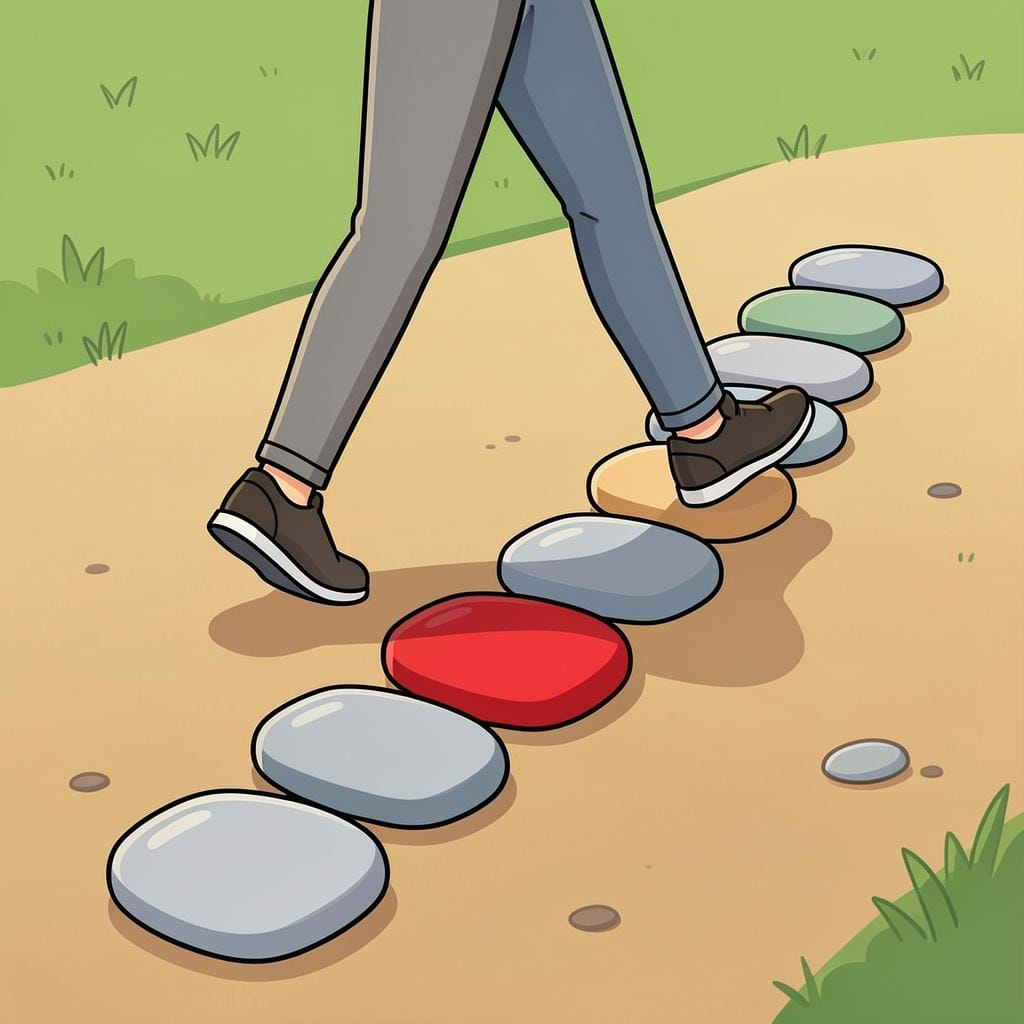 Een rij kleurrijke stenen waar iemands voeten over één steen stappen om op de volgende te landen.