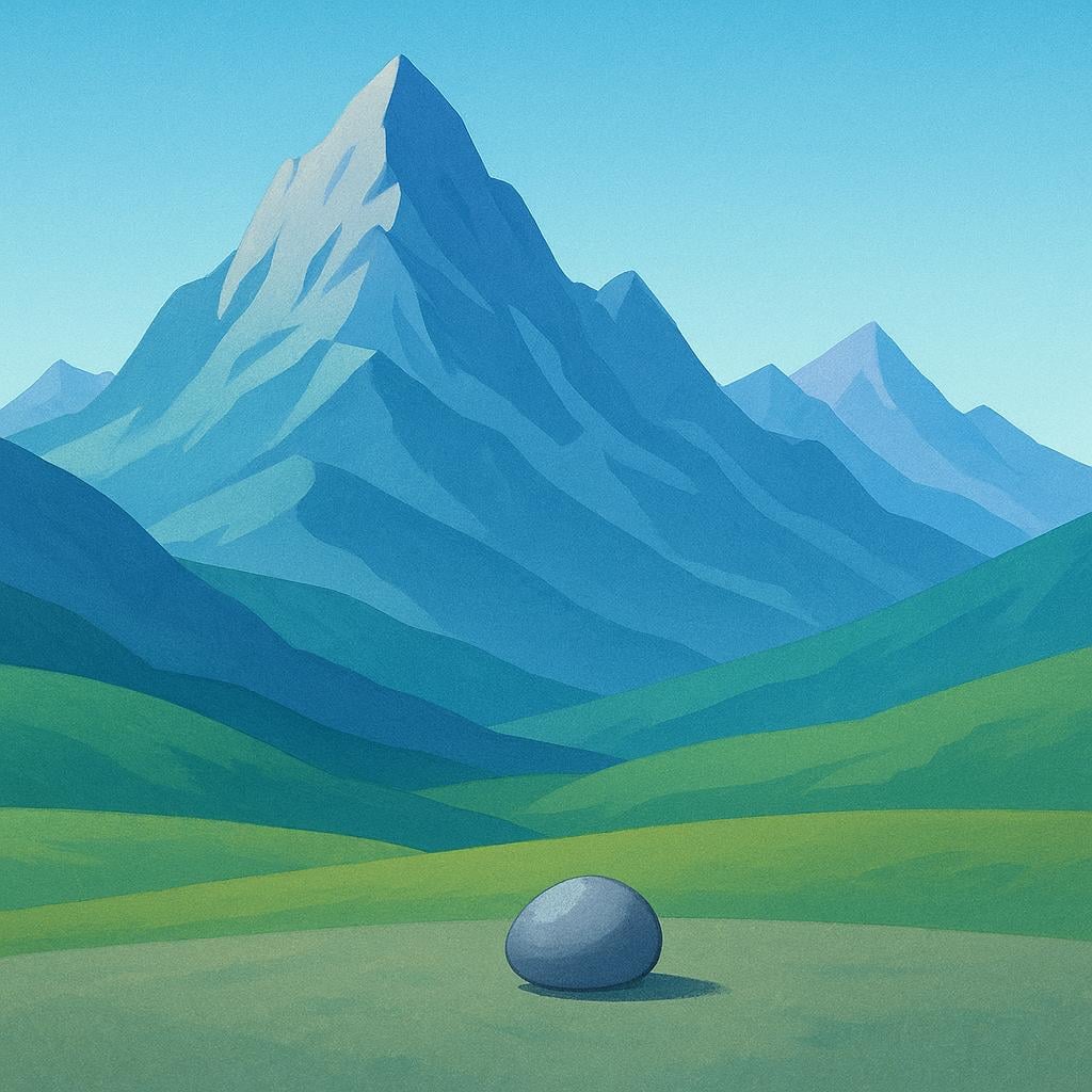 A huge, imposing mountain range dominating the background, contrasted by a single, small gray pebble sitting prominently in the foreground.