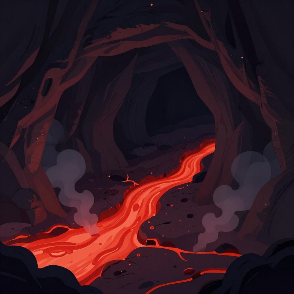 A landscape of glowing red cracks in the ground with smoke and a dark, jagged cave entrance.