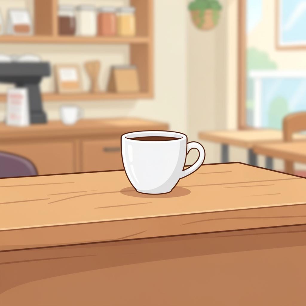 A clean, polished wooden counter in a small cafe with a single cup of coffee on it.